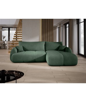 Narożnik COCO Prawostronny z funkcją spania poduszkami i pojemnikiem NowOrNever 37 Ciemno Zielony DOMO HOME