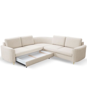 Narożnik LAREN nowoczesna sofa z funkcją spania, pojemnik na pościel, plastikowe nogi, lewa strona, CREMAL, 251x251x85 cm