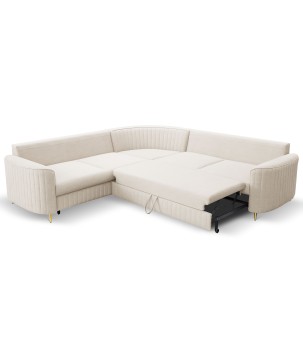 Narożnik LAREN nowoczesna sofa z funkcją spania, pojemnik na pościel, plastikowe nogi, lewa strona, CREMAL, 251x251x85 cm