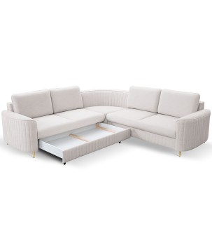 Narożnik LAREN nowoczesna sofa z funkcją spania, pojemnik na pościel, plastikowe nogi, lewa strona, ECRU, 251x251x85 cm
