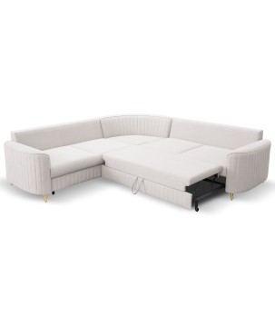 Narożnik LAREN nowoczesna sofa z funkcją spania, pojemnik na pościel, plastikowe nogi, lewa strona, ECRU, 251x251x85 cm