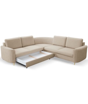 Narożnik LAREN nowoczesna sofa z funkcją spania, pojemnik na pościel, plastikowe nogi, lewa strona, BEŻOWY, 251x251x85 cm