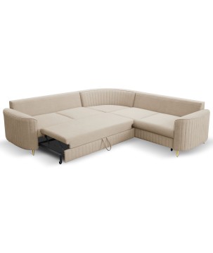 Narożnik LAREN nowoczesna sofa z funkcją spania, pojemnik na pościel, plastikowe nogi, lewa strona, BEŻOWY, 251x251x85 cm