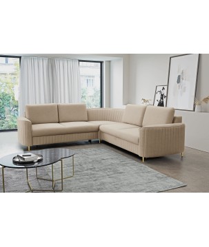 Narożnik LAREN nowoczesna sofa z funkcją spania, pojemnik na pościel, plastikowe nogi, lewa strona, BEŻOWY, 251x251x85 cm