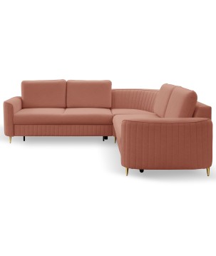 Narożnik LAREN nowoczesna sofa z funkcją spania, pojemnik na pościel, plastikowe nogi, lewa strona, PUDROWY RÓŻ, 251x251x85 cm