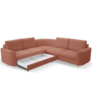 Narożnik LAREN nowoczesna sofa z funkcją spania, pojemnik na pościel, plastikowe nogi, lewa strona, PUDROWY RÓŻ, 251x251x85 cm