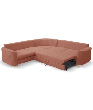 Narożnik LAREN nowoczesna sofa z funkcją spania, pojemnik na pościel, plastikowe nogi, lewa strona, PUDROWY RÓŻ, 251x251x85 cm