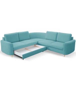 Narożnik LAREN nowoczesna sofa z funkcją spania, pojemnik na pościel, plastikowe nogi, lewa strona, TURKUSOWY, 251x251x85 cm