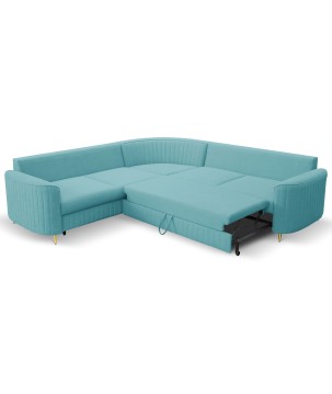 Narożnik LAREN nowoczesna sofa z funkcją spania, pojemnik na pościel, plastikowe nogi, lewa strona, TURKUSOWY, 251x251x85 cm