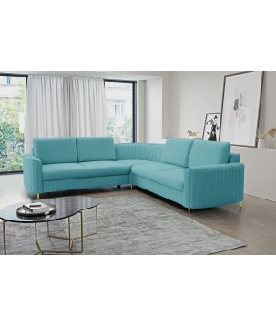 Narożnik LAREN nowoczesna sofa z funkcją spania, pojemnik na pościel, plastikowe nogi, lewa strona, TURKUSOWY, 251x251x85 cm