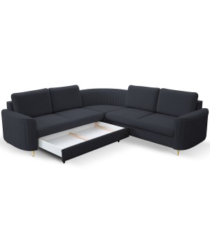 Narożnik LAREN nowoczesna sofa z funkcją spania, pojemnik na pościel, plastikowe nogi, lewa strona, GRANATOWY, 251x251x85 cm