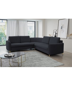 Narożnik LAREN nowoczesna sofa z funkcją spania, pojemnik na pościel, plastikowe nogi, lewa strona, GRANATOWY, 251x251x85 cm