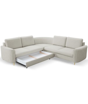 Narożnik LAREN nowoczesna sofa z funkcją spania, pojemnik na pościel, plastikowe nogi, lewa strona, JASNY ASHLEY, 251x251x85 cm