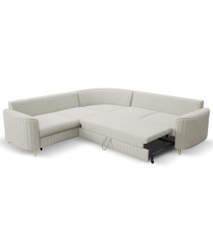 Narożnik LAREN nowoczesna sofa z funkcją spania, pojemnik na pościel, plastikowe nogi, lewa strona, JASNY ASHLEY, 251x251x85 cm