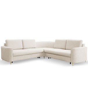 Narożnik LAREN nowoczesna sofa z funkcją spania, pojemnik na pościel, plastikowe nogi, prawa strona, CREMAL, 251x251x85 cm