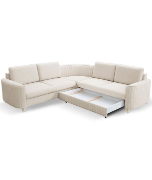 Narożnik LAREN nowoczesna sofa z funkcją spania, pojemnik na pościel, plastikowe nogi, prawa strona, CREMAL, 251x251x85 cm
