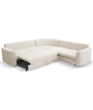 Narożnik LAREN nowoczesna sofa z funkcją spania, pojemnik na pościel, plastikowe nogi, prawa strona, CREMAL, 251x251x85 cm