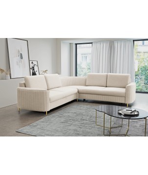 Narożnik LAREN nowoczesna sofa z funkcją spania, pojemnik na pościel, plastikowe nogi, prawa strona, CREMAL, 251x251x85 cm