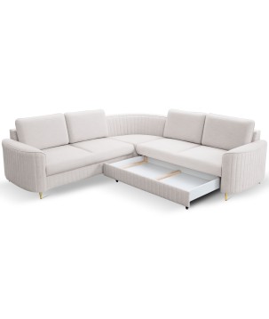 Narożnik LAREN nowoczesna sofa z funkcją spania, pojemnik na pościel, plastikowe nogi, prawa strona, ECRU, 251x251x85 cm