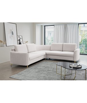 Narożnik LAREN nowoczesna sofa z funkcją spania, pojemnik na pościel, plastikowe nogi, prawa strona, ECRU, 251x251x85 cm