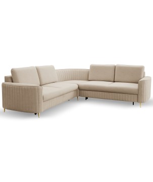 Narożnik LAREN nowoczesna sofa z funkcją spania, pojemnik na pościel, plastikowe nogi, prawa strona, BEŻOWY, 251x251x85 cm