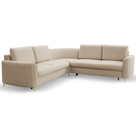 Narożnik LAREN nowoczesna sofa z funkcją spania, pojemnik na pościel, plastikowe nogi, prawa strona, BEŻOWY, 251x251x85 cm