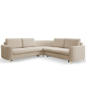Narożnik LAREN nowoczesna sofa z funkcją spania, pojemnik na pościel, plastikowe nogi, prawa strona, BEŻOWY, 251x251x85 cm