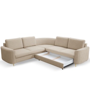 Narożnik LAREN nowoczesna sofa z funkcją spania, pojemnik na pościel, plastikowe nogi, prawa strona, BEŻOWY, 251x251x85 cm