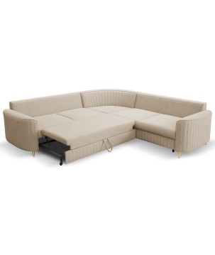 Narożnik LAREN nowoczesna sofa z funkcją spania, pojemnik na pościel, plastikowe nogi, prawa strona, BEŻOWY, 251x251x85 cm