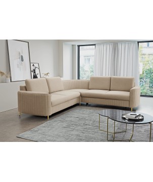 Narożnik LAREN nowoczesna sofa z funkcją spania, pojemnik na pościel, plastikowe nogi, prawa strona, BEŻOWY, 251x251x85 cm