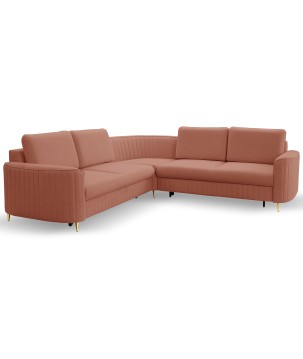 Narożnik LAREN nowoczesna sofa z funkcją spania, pojemnik na pościel, plastikowe nogi, prawa strona, PUDROWY RÓŻ, 251x251x85 cm