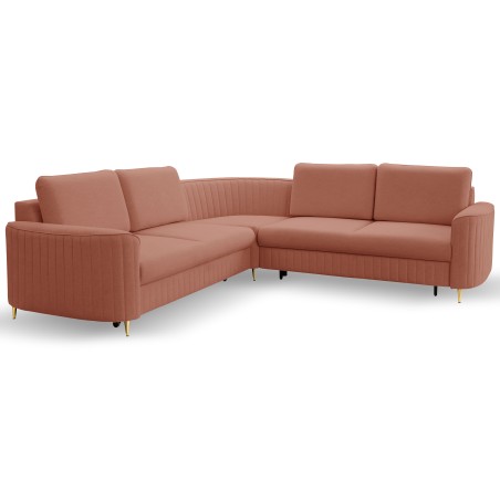 Narożnik LAREN nowoczesna sofa z funkcją spania, pojemnik na pościel, plastikowe nogi, prawa strona, PUDROWY RÓŻ, 251x251x85 cm