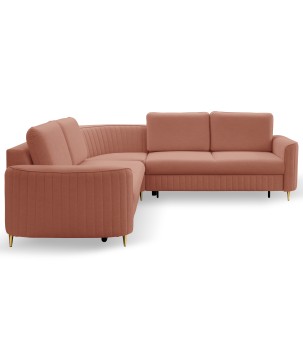 Narożnik LAREN nowoczesna sofa z funkcją spania, pojemnik na pościel, plastikowe nogi, prawa strona, PUDROWY RÓŻ, 251x251x85 cm