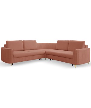 Narożnik LAREN nowoczesna sofa z funkcją spania, pojemnik na pościel, plastikowe nogi, prawa strona, PUDROWY RÓŻ, 251x251x85 cm