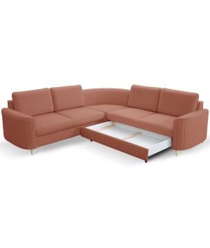 Narożnik LAREN nowoczesna sofa z funkcją spania, pojemnik na pościel, plastikowe nogi, prawa strona, PUDROWY RÓŻ, 251x251x85 cm