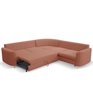Narożnik LAREN nowoczesna sofa z funkcją spania, pojemnik na pościel, plastikowe nogi, prawa strona, PUDROWY RÓŻ, 251x251x85 cm