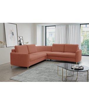 Narożnik LAREN nowoczesna sofa z funkcją spania, pojemnik na pościel, plastikowe nogi, prawa strona, PUDROWY RÓŻ, 251x251x85 cm