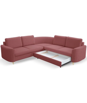 Narożnik LAREN nowoczesna sofa z funkcją spania, pojemnik na pościel, plastikowe nogi, prawa strona, BURGUND, 251x251x85 cm