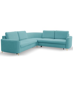 Narożnik LAREN nowoczesna sofa z funkcją spania, pojemnik na pościel, plastikowe nogi, prawa strona, TURKUSOWY, 251x251x85 cm
