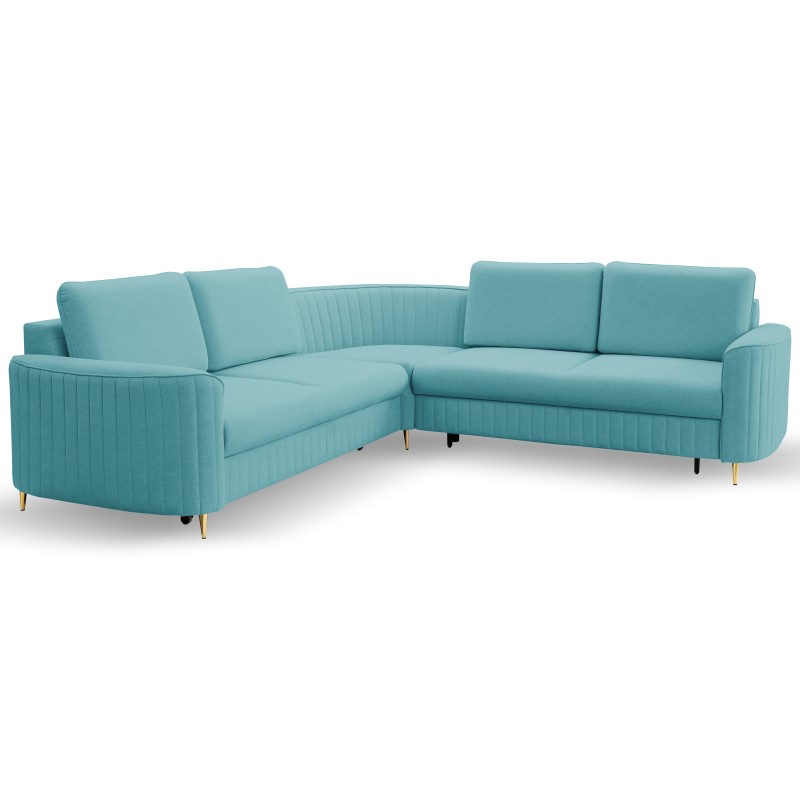 Narożnik LAREN nowoczesna sofa z funkcją spania, pojemnik na pościel, plastikowe nogi, prawa strona, TURKUSOWY, 251x251x85 cm