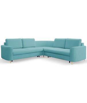 Narożnik LAREN nowoczesna sofa z funkcją spania, pojemnik na pościel, plastikowe nogi, prawa strona, TURKUSOWY, 251x251x85 cm