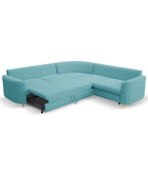 Narożnik LAREN nowoczesna sofa z funkcją spania, pojemnik na pościel, plastikowe nogi, prawa strona, TURKUSOWY, 251x251x85 cm