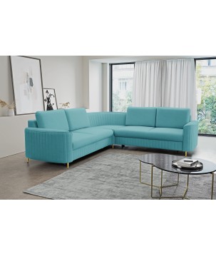 Narożnik LAREN nowoczesna sofa z funkcją spania, pojemnik na pościel, plastikowe nogi, prawa strona, TURKUSOWY, 251x251x85 cm