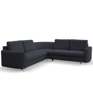 Narożnik LAREN nowoczesna sofa z funkcją spania, pojemnik na pościel, plastikowe nogi, prawa strona, GRANATOWY, 251x251x85 cm
