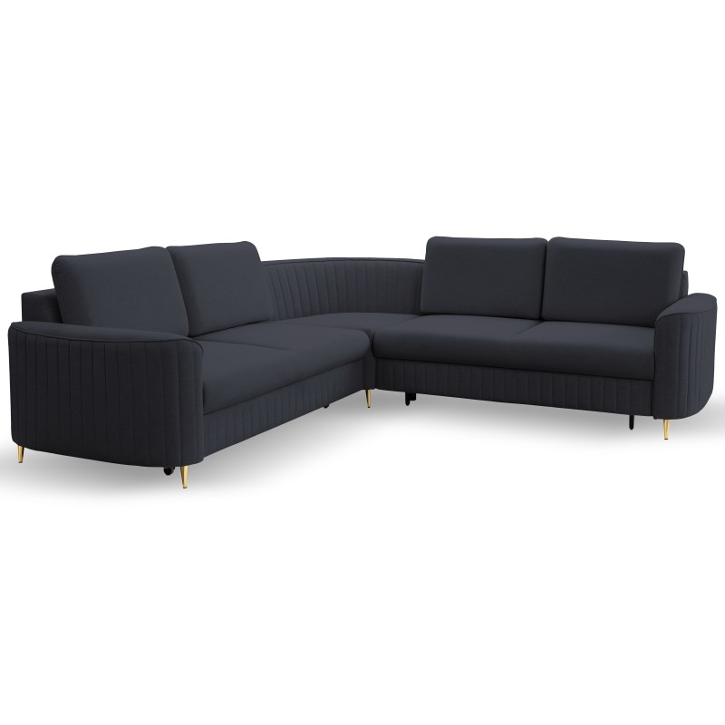 Narożnik LAREN nowoczesna sofa z funkcją spania, pojemnik na pościel, plastikowe nogi, prawa strona, GRANATOWY, 251x251x85 cm