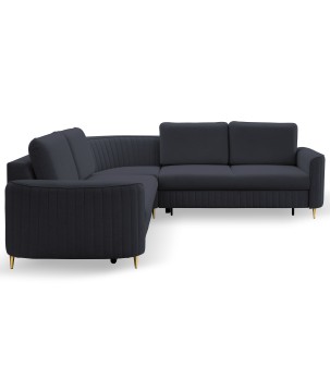 Narożnik LAREN nowoczesna sofa z funkcją spania, pojemnik na pościel, plastikowe nogi, prawa strona, GRANATOWY, 251x251x85 cm