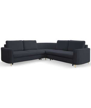 Narożnik LAREN nowoczesna sofa z funkcją spania, pojemnik na pościel, plastikowe nogi, prawa strona, GRANATOWY, 251x251x85 cm