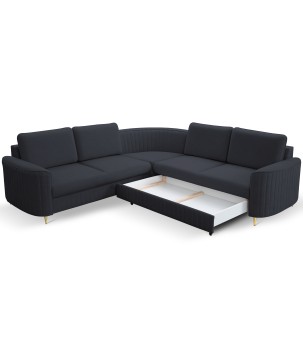 Narożnik LAREN nowoczesna sofa z funkcją spania, pojemnik na pościel, plastikowe nogi, prawa strona, GRANATOWY, 251x251x85 cm