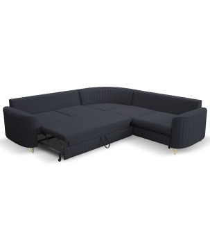 Narożnik LAREN nowoczesna sofa z funkcją spania, pojemnik na pościel, plastikowe nogi, prawa strona, GRANATOWY, 251x251x85 cm