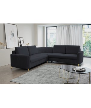 Narożnik LAREN nowoczesna sofa z funkcją spania, pojemnik na pościel, plastikowe nogi, prawa strona, GRANATOWY, 251x251x85 cm